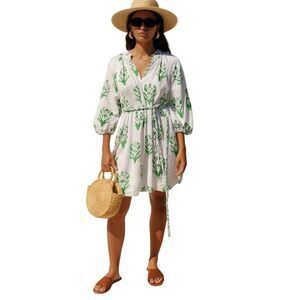 CARYN LAWN Women's Botanical Print Cotton Tunic Dress White/Green One Size
